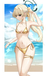 1girl absurdres beach bikini blonde_hair blue_archive blue_eyes blue_hair blue_halo blue_sky braid breasts cloud commentary_request day feet_out_of_frame gold_bikini gold_ribbon half_up_braid halo highres horizon leg_ribbon long_hair looking_at_viewer medium_breasts multicolored_hair navel negiroppon ocean outdoors ponytail ribbon side-tie_bikini_bottom sky solo standing streaked_hair swimsuit toki_(blue_archive) v