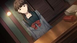 1girl aged_down bad_tag blazer blunt_bangs bow breasts brown_eyes brown_hair buttons chest_bow chuo_tanegashima_high_school_uniform chuo_tanegashima_high_winter_school_uniform closed_mouth collarbone dutch_angle fukuda_tomonori game_cg green_sailor_collar grey_jacket grey_shirt highres indoors jacket looking_at_viewer medium_breasts official_art ponytail pov red_bow robotics;notes sailor_collar school_uniform senomiya_misaki shiny_eyes shirt smile solo toolbox window