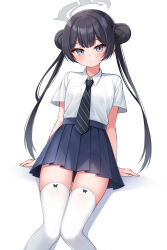 1girl :/ arm_support black_hair black_necktie blue_archive blue_skirt center-flap_bangs commentary_request double_bun dress_shirt empty_eyes expressionless grey_eyes grey_halo hair_bun halo high-waist_skirt highres hoshino_reiji kisaki_(blue_archive) kisaki_(school_uniform)_(blue_archive) light_blush long_hair looking_at_viewer necktie official_alternate_costume pleated_skirt school_uniform shadow shirt shirt_tucked_in short_sleeves sidelocks sitting skirt solo thighhighs twintails very_long_hair white_background white_shirt white_thighhighs