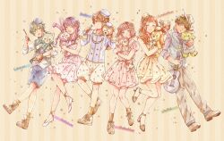 3boys 4girls absurdres animal_ears animification bow cookieann duffy_and_friends duffy_the_disney_bear full_body gelatoni highres holding humanization linabell long_hair long_sleeves looking_at_viewer mizala multiple_boys multiple_girls olu_mel purple_eyes purple_hair rabbit_ears shelliemay shirt short_hair smile standing stellalou stuffed_animal stuffed_toy