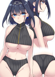 1girl absurdres ass bare_shoulders black_hair blue_eyes blue_hair blush breasts chain chain_headband closed_mouth crop_top earrings hair_between_eyes hair_intakes hairband head_chain highres hololive hololive_english jewelry kiritto large_breasts long_hair looking_at_viewer multiple_views navel ouro_kronii short_hair sitting smile striped underboob underwear vertical_stripes virtual_youtuber white_background