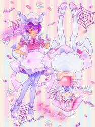 2girls :o animal_ears apron aqua_eyes back_bow bad_id bad_twitter_id bandaid bare_arms bat_(animal) blue_bow blue_bowtie blue_capelet blunt_bangs bow bowtie capelet center_frills character_name chocofish clipboard commentary dark-skinned_female dark_skin demon_tail dot_nose dress ear_covers eyelashes eyepatch frilled_capelet frilled_sleeves frills full_body gloves grey_capelet hair_between_eyes hair_bow hair_ornament hairband hairclip hand_on_own_hip hashtag-only_commentary hat heart heart_eyepatch heart_hair_ornament heart_print high_heels holding holding_clipboard holding_syringe hood hood_up hooded_capelet kuromi lace-trimmed_headwear lace_hairband lace_trim large_bow light_blush light_particles lop_rabbit_ears multiple_girls my_melody nurse nurse_cap onegai_my_melody open_mouth pantyhose personification pink_background pink_bow pink_bowtie pink_dress pink_hair pink_shirt pink_shoes pleated_dress pom_pom_(clothes) puffy_short_sleeves puffy_sleeves pumps purple_hair purple_shoes purple_skirt purple_tail purple_thighhighs rabbit_ears red_eyes sanrio shirt shoes short_dress short_hair short_sleeves silk skirt spider_web standing striped_background striped_clothes striped_pantyhose syringe tail tareme thighhighs two-tone_background upside-down vertical-striped_background vertical-striped_clothes vertical-striped_pantyhose white_apron white_bow white_gloves white_hairband white_hat white_pantyhose x_hair_ornament yellow_background
