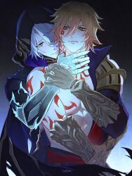 2boys arm_tattoo armor artist_name black_cloak black_coat blonde_hair braid chest_tattoo clawed_gauntlets cloak coat commentary dark_persona english_commentary facial_tattoo glaring gradient_hair hair_between_eyes hand_on_another&#039;s_neck highres honkai:_star_rail honkai_(series) hood hood_up hooded_cloak hug hug_from_behind looking_at_another male_focus medium_hair moonya multicolored_hair multiple_boys mydei_(honkai:_star_rail) open_clothes open_coat parted_bangs pauldrons phainon_(honkai:_star_rail) red_hair red_tattoo short_hair shoulder_armor side_braid single_pauldron tattoo white_hair yaoi yellow_eyes