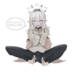 1girl absurdres barefoot blue_archive blush feet highres himari_(blue_archive) iota_(jjohyb2) long_hair looking_at_viewer open_mouth pointy_ears purple_eyes soles steam toes translated white_hair