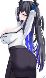 1girl absurdres adjusting_hair armpits arms_behind_head arms_up asymmetrical_horns black_hair black_shirt black_skirt blue_hair breasts cleavage collared_shirt colored_inner_hair crystal_horns demon_horns dress_suit flower hair_tie hair_tie_in_mouth hairdressing hands_in_hair highres holding holding_hair_tie holding_own_hair hololive hololive_english horn_flower horns jewelry large_breasts leather_skirt long_hair long_sleeves looking_at_viewer mole mole_under_eye mouth_hold multicolored_hair nerissa_ravencroft nerissa_ravencroft_(casual) office_lady official_alternate_costume pantyhose pencil_skirt red_eyes shirt skirt solo sylix44 two-tone_hair tying_hair uneven_horns very_long_hair virtual_youtuber white_shirt