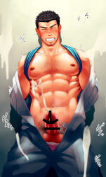 1boy abs bar_censor bara bare_pectorals bare_shoulders blue_shirt blush censored chest_hair clenched_teeth clothes_lift cum ear_blush ejaculation erection facial_hair feet_out_of_frame frown goatee hairy handsfree_ejaculation highres large_pectorals long_sideburns looking_at_viewer male_focus male_pubic_hair male_underwear male_underwear_peek male_underwear_pull mature_male muscular muscular_male navel navel_hair nipples obliques open_jumpsuit original pectorals penis pink_male_underwear projectile_cum pubic_hair shirt shirt_behind_neck shirt_lift short_hair sideburns solo stomach sweat teeth thick_eyebrows trembling underwear unplugged_line veins veiny_penis
