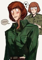 1boy black_eyes brown_hair english_text green_shirt highres imnotrlup luther_von_ivory male_focus multiple_views randal&#039;s_friends shirt short_hair simple_background taped_note white_background