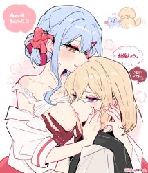 2girls animalization aver_(yumenokessho) bang_dream! blonde_hair blue_hair blush bow breast_sucking breasts commentary doloris_(bang_dream!) food-themed_hair_ornament gloves grabbing_another&#039;s_breast groping hair_ornament hairclip highres kyou_039 medium_breasts medium_hair misumi_uika multiple_girls nipples parted_lips pink_bow purple_eyes red_gloves shirt simple_background speech_bubble strawberry_hair_ornament sweat sweets_paradise symbol-only_commentary thought_bubble togawa_sakiko translation_request twitter_username white_background white_shirt yellow_eyes yumenokessho yuri