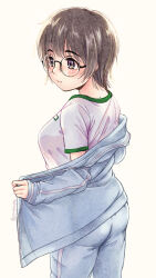 1girl absurdres artist_name ass blue_jacket blue_pants blush brown_hair glasses gym_uniform highres jacket jacket_partially_removed jersey light_smile mole mole_on_neck ooshiro_youkou original pants shirt short_hair short_sleeves simple_background solo standing track_jacket track_pants track_suit white_background white_shirt