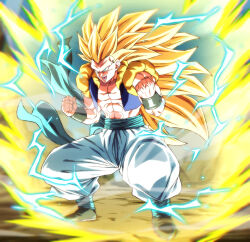 Rule 34 | 1boy, abs, aged up, aura, bare pectorals, blonde hair, commentary request, dragon ball, dragonball z, electricity, full body, furrowed brow, gotenks, green eyes, long hair, male focus, metamoran vest, muscular, muscular male, open mouth, pectorals, rom (20), smile, solo, squatting, super saiyan, super saiyan 3, very long hair, wristband