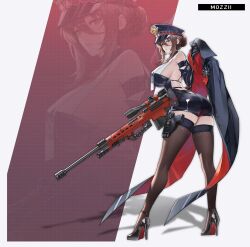 1girl absurdres armband armpit_crease artist_name ass backless_outfit bare_shoulders black_armband black_coat black_collar black_dress black_gloves black_hat black_thighhighs bolt_action braid braided_bun breasts brown_hair cheytac_m200 coat collar commentary dress elbow_gloves english_commentary from_behind gloves green_eyes gun hair_between_eyes hair_bun handgun hat hat_ornament highres holding holding_coat holding_gun holding_unworn_clothes holding_weapon holster large_breasts looking_at_viewer magazine_(weapon) military_hat mozzi_(mo22ii) original parted_lips pink_lips rifle scope sideboob sidelocks sniper_rifle solo standing strap thigh_holster thighhighs thighs two-sided_coat two-sided_fabric unworn_coat weapon white_background zoom_layer