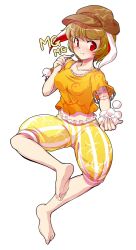 1girl alphes_(style) animal_ears barefoot blonde_hair blush breasts commentary_request dairi dango flat_cap floppy_ears food full_body hat holding large_variant_set medium_breasts midriff navel orange_shirt pants parody rabbit_ears ringo_(touhou) shirt skewer soles solo style_parody tachi-e toes touhou transparent_background variant_set wagashi