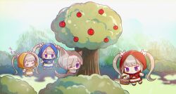 1boy 3girls :3 animal_ears apron blue_capelet blue_skirt blush_stickers brown_capelet capelet chibi closed_eyes closed_mouth food fruit grey_hair hair_ornament hair_over_one_eye hair_through_headwear hood hood_up hooded_capelet leafwow long_hair lotus_(maplestory) maplestory multiple_girls orange_skirt orchid_(maplestory) purple_eyes rabbit_hair_ornament red_capelet red_skirt shirt skirt tail tree twintails very_long_hair waist_apron white_apron white_shirt wolf_ears wolf_tail zzz