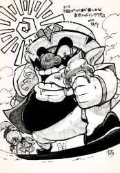 1girl 2boys ^_^ afro beach belt belt_buckle big_nose bracelet buckle closed_eyes cloud coconut commentary_request dated day double_chin dress facial_hair flower food greyscale hands_on_headwear hat hat_flower highres holding holding_food holding_ice_cream holding_ice_cream_cone ice_cream ice_cream_cone jacket jewelry jimmy_t licking male_focus mona_(warioware) monochrome multiple_boys mustache nintendo open_clothes open_jacket open_mouth outdoors palm_tree pants pointy_hat shadow shirt shoes signature sleeveless sleeveless_dress smile solo_focus sun_symbol sundress thick_eyebrows traditional_media translation_request tree wario warioware wavy_hair yamato_koara