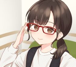 Rule 34 | 1girl, animification, blush, brown eyes, brown hair, closed mouth, commentary request, glasses, hanazora satsuki, hayama fuka, highres, indoors, long hair, long sleeves, looking at viewer, low ponytail, ponytail, real life, red-framed eyewear, selfie, sketch background, smile, solo, sweater, voice actor, white sweater