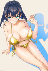 1girl absurdres alternate_costume arm_support armpit_crease bare_arms bare_legs bare_shoulders bikini blue_eyes blue_hair breasts cahryos cleavage collarbone commentary fingernails from_above gold_bikini hair_intakes highres hololive hololive_english large_breasts looking_at_viewer medium_hair navel o-ring o-ring_bottom ouro_kronii outstretched_legs shadow side-tie_bikini_bottom sitting smirk solo strap_pull swimsuit virtual_youtuber white_background
