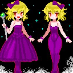 2girls bow dress hair_bow multiple_girls pixel_art purple_dress red_eyes wand yomitim