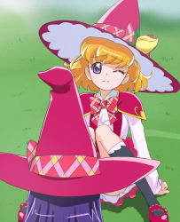 Rule 34 | 2girls, asahina mirai, blonde hair, blush, convenient censoring, grass, haruyama kazunori, hat, izayoi liko, magic school uniform (mahou girls precure!), mahou girls precure!, multiple girls, one eye closed, precure, purple eyes, purple hair, riko (mahou girls precure!), school uniform, short hair, sitting, socks, wince, witch hat