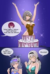 +_+ 4girls absurdres aqua_dress breasts cleavage dress eidis_scarlet english_text firefly_(honkai:_star_rail) hands_up highres honkai:_star_rail honkai_(series) kafka_(honkai:_star_rail) large_breasts leotard licking_lips multiple_girls neck_ribbon open_mouth ribbon silver_wolf_(honkai:_star_rail) smile speech_bubble star_(symbol) stelle_(honkai:_star_rail) strapless strapless_leotard teeth tinted_eyewear tongue tongue_out trailblazer_(honkai:_star_rail) twitter_username yellow_leotard