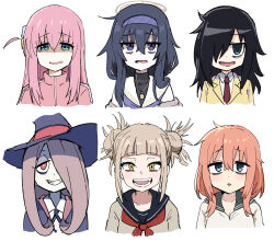 6+girls bags_under_eyes black_hair blonde_hair blue_archive blue_hair bocchi_the_rock! boku_no_hero_academia double_bun gotoh_hitori hair_bun highres kuroki_tomoko little_witch_academia long_hair michinoku_komaro mojyo multiple_girls pink_hair seitokai_ni_mo_ana_wa_aru! short_hair simple_background sucy_manbavaran tagme tenten_(chan4545) toga_himiko trait_connection ui_(blue_archive) watashi_ga_motenai_no_wa_dou_kangaetemo_omaera_ga_warui! white_background