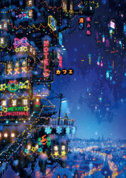 building christmas christmas_lights city city_lights cityscape fantasy highres neon_lights neon_palette night night_sky original outdoors power_lines railing scenery science_fiction sign sky snow snowing star_(symbol) yukoiwase