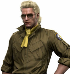 1boy 3d blonde_hair emblem kazuhira_miller metal_gear_(series) metal_gear_solid:_peace_walker mullet realistic scarf sunglasses