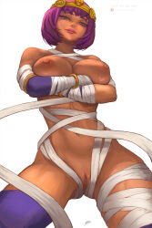 Rule 34 | 1girl, absurdres, artist name, bandages, blimax 28k, breasts, capcom, crossed arms, dark-skinned female, dark skin, egyptian, female focus, green eyes, hair ornament, highres, large breasts, looking at viewer, looking down, menat, naked bandage, nipples, purple hair, purple thighhighs, pussy, short hair, solo, standing, street fighter, street fighter v, thighhighs, uncensored, white background