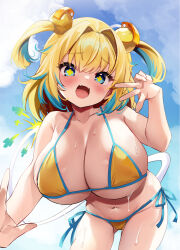 +_+ 1girl bikini blonde_hair blue_eyes blue_hair blush bombergirl breasts cleavage commentary_request day fang fuse_tail gluteal_fold grenade_hair_ornament hair_intakes hair_ornament highres huge_breasts looking_at_viewer multicolored_hair navel open_mouth oppai_loli outdoors pine_(bombergirl) short_hair side-tie_bikini_bottom skin_fang smile solo sorimura_youji sweat swimsuit symbol-shaped_pupils tail two-tone_hair two_side_up yellow_bikini yellow_pupils