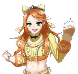1girl abs black_bow black_bowtie bow bowtie crop_top etie_(fire_emblem) fire_emblem fire_emblem_engage gem green_bow green_eyes green_shirt hanyo_desu navel nintendo orange_gemstone orange_hair shirt swept_bangs tiara yellow_gemstone