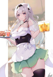1girl absurdres alcohol alternate_costume apron armpit_crease bar_(place) bare_shoulders beer beer_glass bird black_corset black_hairband black_ribbon black_thighhighs breasts chicken cleavage closed_mouth collarbone commentary corset cup drinking_glass firefly_(honkai:_star_rail) food fruit green_pupils green_skirt hair_between_eyes hair_ribbon hairband highres holding holding_cup holding_tray honkai:_star_rail honkai_(series) indoors large_breasts lemon lemon_slice lemonade long_hair looking_at_viewer off_shoulder orange_eyes outside_border pillarboxed pisuke_(user_kcmh2774) ribbon signature skirt smile solo thighhighs thighs tray very_long_hair waist_apron white_apron zettai_ryouiki
