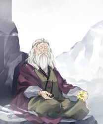 1boy absurdres bead_bracelet bead_necklace beads beard bracelet closed_eyes commission facial_hair highres japanese_clothes jewelry kimono kohakuksm long_hair male_focus mustache necklace old old_man orb original robe rock signature sitting skeb_commission white_hair