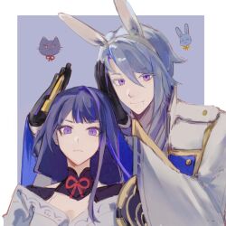 1boy 1girl animal_ears armor black_gloves blue_pupils blunt_bangs bridal_gauntlets chinese_commentary closed_mouth clothing_cutout couple fake_animal_ears formal_clothes genshin_impact gloves hair_between_eyes hands_on_another&#039;s_head hands_up highres japanese_clothes kamisato_ayato kimono light_smile long_hair long_sleeves looking_at_viewer mole mole_under_eye mole_under_mouth multicolored_eyes multicolored_hair neck_ribbon off_shoulder purple_eyes purple_kimono raiden_shogun red_ribbon ribbon short_hair shoulder_armor shoulder_cutout standing streaked_hair suit upper_body wide_sleeves zai_aoye_wo_shi_gou
