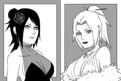 Rule 34 | 2girls, akatsukiarts, breasts, cleavage, dress, flower, hair bun, hair flower, hair ornament, konan (naruto), large breasts, makeup, monochrome, multiple girls, naruto (series), naruto shippuuden, short hair, tsunade (naruto)