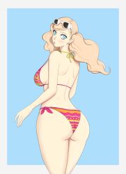 1girl :/ absurdres ass back bikini blonde_hair blue_background blue_eyes border breasts cowboy_shot earrings eyewear_on_head from_behind hair_ornament hairclip highres jewelry lips long_hair looking_at_viewer looking_back nahone_peko persona persona_5 red_bikini side-tie_bikini_bottom sideboob solo strap_gap striped_bikini striped_clothes stud_earrings sunglasses swimsuit takamaki_anne twintails white-framed_eyewear white_border