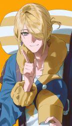 Rule 34 | 1boy, 987645321o, arm up, backpack, bag, blonde hair, blue eyes, blue jacket, collarbone, commentary request, crew neck, ginkgo guild uniform, hair over one eye, hat, highres, holding, holding unworn clothes, holding unworn hat, index finger raised, jacket, korean commentary, looking ahead, male focus, nintendo, one eye covered, orange background, pokemon, pokemon legends: arceus, print shirt, shirt, smile, solo, unworn hat, unworn headwear, upper body, volo (pokemon), white shirt