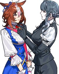 Rule 34 | 2girls, adjusting another&#039;s clothes, adjusting neck ribbon, ahoge, animal ears, bag, black gloves, black skirt, black vest, blue jacket, blue ribbon, blue skirt, blush, bow, braid, breasts, brown hair, buttons, collared shirt, commentary request, commission, cowboy shot, double-breasted, ear ribbon, elbow gloves, female trainer (umamusume), formal clothes, framed breasts, frilled shirt, frills, ggwasu, gloves, grey hair, hairband, highres, horse ears, horse girl, jacket, juliet sleeves, korean commentary, long sleeves, looking at another, medium hair, meisho doto (umamusume), multicolored hair, multiple girls, nape braid, neck ribbon, oc x canon, original, pink hairband, puffy sleeves, purple eyes, red eyes, red ribbon, ribbed shirt, ribbon, shirt, short hair with long locks, shoulder bag, simple background, skirt, sleeveless, sleeveless jacket, trainer (umamusume), two-tone hair, umamusume, vest, white background, white gloves, white hair, white shirt
