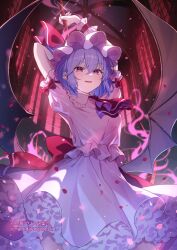Rule 34 | 1girl, arms behind head, arms up, ascot, bat wings, collared shirt, commentary, copyright notice, cowboy shot, frilled shirt collar, frills, hat, highres, holding, holding polearm, holding weapon, indoors, looking at viewer, maruta (shummylass), mob cap, petals, petticoat, pink hat, pink shirt, pink skirt, polearm, puffy short sleeves, puffy sleeves, purple eyes, purple hair, red ascot, remilia scarlet, shirt, short hair, short sleeves, skirt, smile, solo, spear the gungnir, touhou, weapon, wings, wrist cuffs