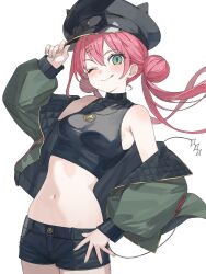 1girl :q adjusting_clothes adjusting_headwear bare_shoulders black_hat black_shoes blush breasts closed_mouth commentary commission cowboy_shot crop_top double-parted_bangs green_eyes green_jacket hair_between_eyes hand_on_own_hip hand_up hat highres jacket karyln looking_at_viewer medium_breasts navel off_shoulder one_eye_closed open_clothes open_jacket original pink_hair shoes short_shorts shorts simple_background slit_pupils solo stomach tongue tongue_out twintails white_background