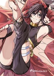 1boy alternate_costume androgynous anklet arabian_clothes armpits arms_up asymmetrical_clothes asymmetrical_pants asymmetrical_sleeves barefoot black_hair black_pants black_shirt blush cape closed_mouth clothing_cutout crop_top dancer detached_sleeves feet foot_focus harem_outfit highres jewelry legs_up long_hair looking_at_viewer lying male_focus midriff modao_zushi on_back pants ponytail purple_eyes red_cape red_shawl semiusa1010 shawl shirt sleeveless sleeveless_shirt smile soles solo thigh_cutout thigh_strap toes trap turtleneck twitter_username waist_cape wei_wuxian