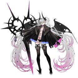 1girl black_choker black_hands black_jacket black_panties boots breasts choker cleavage colored_extremities cropped demon_girl demon_horns demon_wings earrings fate/grand_order fate_(series) fingernails gradient_hair green_eyes grey_hair hair_ornament high_heels highres holding holding_weapon horns huge_weapon jacket jewelry lilith_(fate) lilith_(second_ascension)_(fate) long_fingernails long_hair looking_at_viewer multicolored_hair navel nipi27 official_art outline panties pink_hair pink_outline pointy_ears pubic_tattoo scissors second-party_source sharp_fingernails smile solo spikes standing tattoo thigh_boots transparent_background twintails underwear very_long_hair weapon white_hair white_outline wings