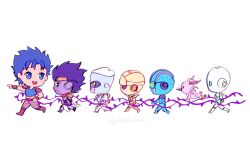 Rule 34 | 1boy, 6+others, blue eyes, blue hair, blue shirt, blue skin, chibi, colored skin, commentary, compound eyes, crazy diamond, diamond wa kudakenai, gold experience, hermit purple, jojo no kimyou na bouken, jojolion, jonathan joestar, multiple others, other focus, phantom blood, pink skin, plant, potatotop, purple eyes, purple hair, purple skin, shirt, shoulder pads, soft &amp; wet, star platinum, stardust crusaders, steel ball run, stone free, stone ocean, time paradox, tusk (stand), tusk act1, vento aureo, vines, white background, white skin, wristband, yellow skin