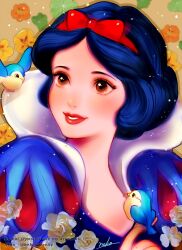 1girl bird black_hair bow dress hair_bow highres looking_at_viewer nyamunekonabe princess puff_and_slash_sleeves puffy_short_sleeves puffy_sleeves red_bow short_hair short_sleeves smile snow_white_(disney) snow_white_and_the_seven_dwarfs_(disney) solo