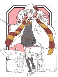 blush border bow cloak closed_mouth collared_shirt commentary diagonal-striped_clothes diagonal-striped_necktie dress_shirt floating_cape floating_clothes full_body grey_skirt grey_socks grey_sweater gryffindor hair_bow hand_up harry_potter_(series) highres holding holding_wand kneehighs light_smile loafers long_hair long_sleeves looking_at_viewer necktie niea open_cloak open_clothes open_suitcase parody partially_colored pink_background pleated_skirt red_bow red_necktie red_scarf red_trim romaji_commentary scarf school_uniform shirt shoes skirt smile socks squeans standing striped_clothes striped_scarf suitcase sweater toaru_kagaku_no_railgun toaru_majutsu_no_index trim_marks twintails two-tone_necktie two-tone_scarf v-neck wand white_border white_shirt wizarding_world yellow_necktie yellow_scarf yellow_trim