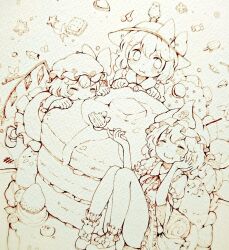 Rule 34 | 3girls, animal, animal on head, bird, bird on head, blush, bow, butter, cake, cake slice, candy, chewing, closed eyes, closed mouth, collared shirt, commentary request, crystal wings, eating, eyeball, flandre scarlet, food, frilled kimono, frilled shirt collar, frills, greyscale, hand on own cheek, hand on own face, hat, hat bow, holding, holding spoon, japanese clothes, kimono, komeiji koishi, mary janes, mob cap, monochrome, multiple girls, on head, oversized food, oversized object, pancake, pancake stack, saigyouji yuyuko, shiro tsugumi, shirt, shoes, sleeve garter, spoon, third eye, touhou, traditional media, triangular headpiece, wings