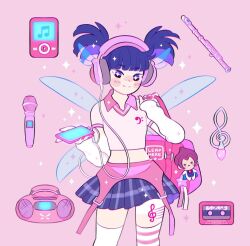 +_+ 1girl adapted_costume artist_name bag bag_charm blue_hair blue_skirt blue_wings blunt_bangs blunt_ends blush_stickers cable cassette_tape cellphone character_charm charm_(object) closed_mouth collared_shirt commentary cowboy_shot digital_media_player english_commentary eyelashes fairy fairy_wings flute gyaru headphones holding holding_bag holding_phone instrument leaphere leg_tattoo listening_to_music looking_at_viewer microphone midriff miniskirt mismatched_thighhighs musa_(winx_club) musical_note musical_note_print musical_note_tattoo nail_polish phone pink_background pink_bag pink_nails pink_shirt pink_thighhighs plaid_clothes plaid_skirt pleated_skirt purple_eyes radio riven_(winx_club) school_bag shirt short_hair short_sleeves short_twintails simple_background skirt smartphone smile solo sparkling_eyes standing star_(symbol) striped_clothes striped_thighhighs tattoo thighhighs treble_clef twintails two-tone_thighhighs watermark white_arm_warmers white_thighhighs winged_headphones wings winx_club