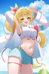 Rule 34 | 1girl, :d, absurdres, aqua shorts, ball, beachball, blonde hair, blue sky, cloud, commentary request, day, hair ornament, heterochromia, highres, hoshikawa sara, hoshikawa sara (1st costume), jacket, long hair, navel, nijisanji, ocean, open clothes, open jacket, open mouth, outdoors, red eyes, shirt, shorts, side ponytail, sky, smile, solo, thighs, tied shirt, v, virtual youtuber, white jacket, white shirt, x hair ornament, yellow eyes, yukiunag1