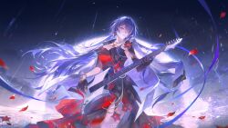 1girl acheron_(honkai:_star_rail) acheron_(star_rail_live_2025)_(honkai:_star_rail) asymmetrical_gloves bead_necklace beads black_dress black_gloves black_hole black_jacket blue_hair breasts chinese_commentary commentary_request dress earrings elbow_gloves floating_hair flower gloves hair_over_one_eye hair_spread_out highres honkai:_star_rail honkai_(series) jacket jacket_on_shoulders jewelry koujuan large_breasts long_dress long_hair looking_at_viewer multicolored_hair necklace official_alternate_costume parted_lips purple_eyes rain red_dress red_flower single_elbow_glove solo streaked_hair two-tone_dress uneven_gloves very_long_hair wet