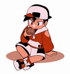 Rule 34 | 1boy, arm support, backwards hat, black eyes, eating, ethan (pokemon), food, full body, hand up, hat, holding, holding food, jacket, long sleeves, looking down, male focus, nintendo, pokemon, pokemon gsc, red jacket, red socks, shoes, shorts, sitting, socks, solo, tyako 089, white shoes, white shorts