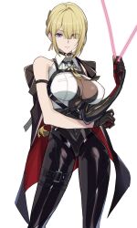 Rule 34 | 1girl, black bodysuit, black choker, black gloves, black pants, blonde hair, bodysuit, breasts, choker, cleavage, collared shirt, evelyn chevalier, gloves, highres, large breasts, looking at another, medium hair, mole, mole under eye, pants, purple eyes, saint laurent paris, shirt, solo, white background, white shirt, zenless zone zero