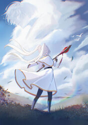 1boy 1girl absurdres black_pantyhose blue_sky capelet chinese_commentary chromatic_aberration cloud cloudy_sky commentary_request day elf field floating_clothes floating_hair frieren from_behind gold_trim grass highres himmel_(sousou_no_frieren) holding holding_staff jacket lahz52 long_hair long_sleeves mage_staff outdoors pantyhose pointy_ears shaped_cloud simple_bird skirt sky sousou_no_frieren staff standing twintails white_capelet white_hair white_jacket white_skirt